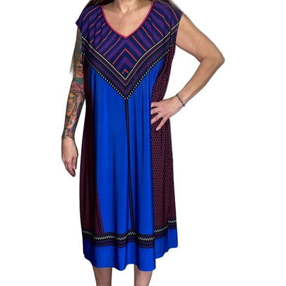 Sz.2X (22/24W)*Catherines*Royal Blue/Purple Abstract-Print Midi Dress - Picture 1 of 9